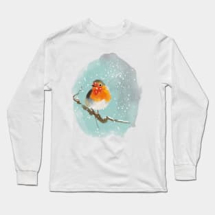 Robin on a tree branch in the snow Long Sleeve T-Shirt